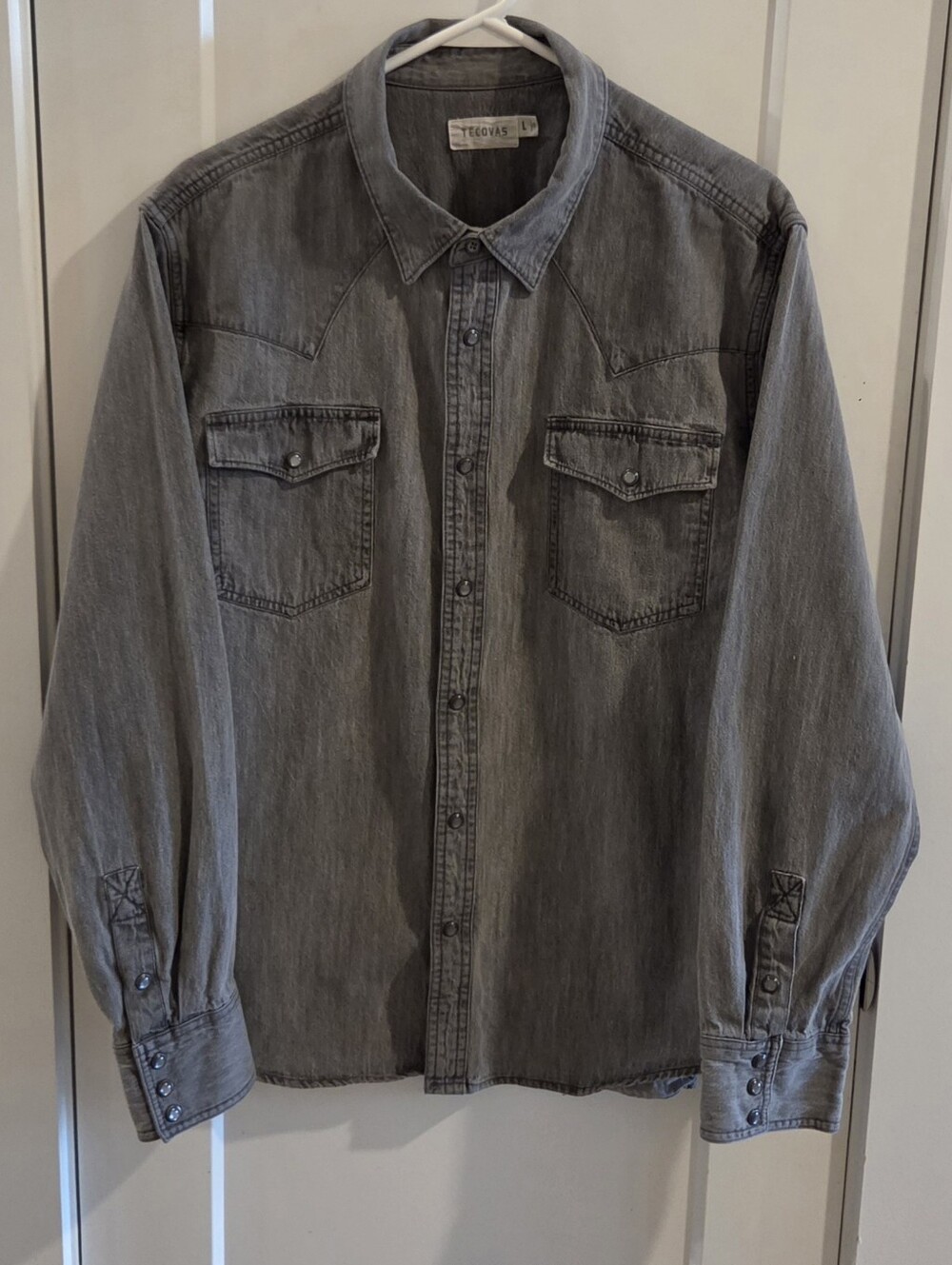 Tecovas Washed Denim Snap-Button  Western Shirt Light Grey Wash - Size Large